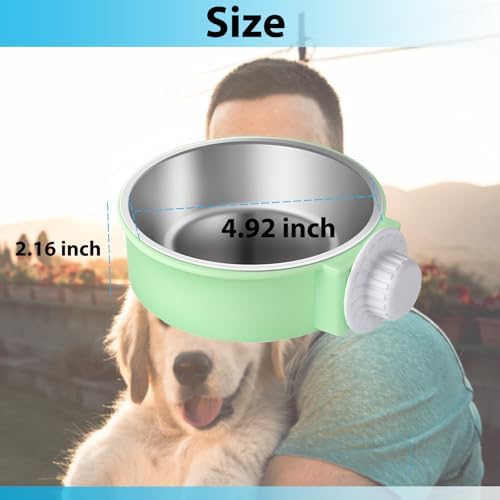 Mechpia 2 Pieces Crate Dog Bowl, Removable Stainless Steel Pet Kennel Hanging Food Water Feeder Bowl Cage Coop Cup for Puppy Medium Dog Cat Rabbit Ferret Bird (Blue,Green)
