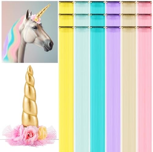 Juexica 19 Pcs Unicorn Horn for Horse, Unicorn Hair Bling Horses Accessory Include 1 Horn, 18 Clip in Hair Extensions Real Horse Easter Show Decor(Colorful)