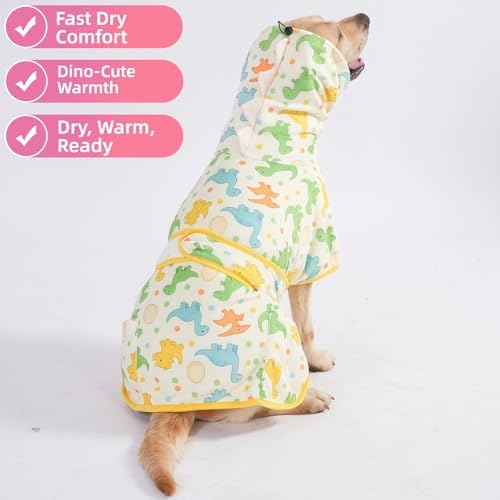 LovinPet 3-in-1 Dog Warm Winter Coat & Bathrobe, Yellow Dinosaur Fleece, L