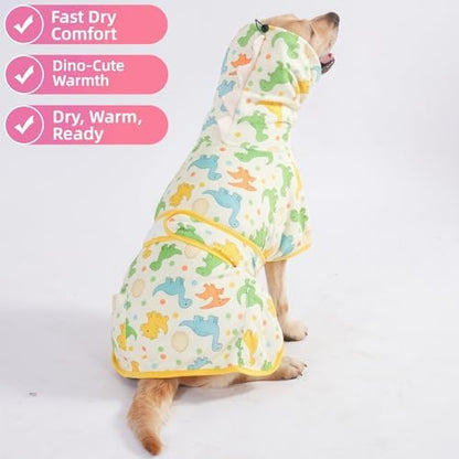 LovinPet 3-in-1 Dog Warm Winter Coat & Bathrobe, Yellow Dinosaur Fleece, L