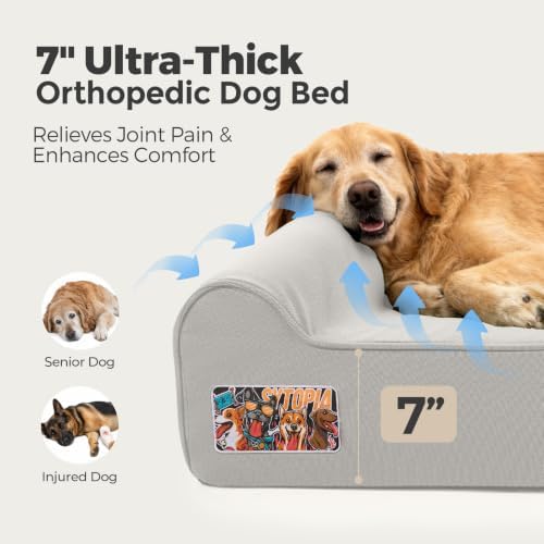 Sytopia Orthopedic Dog Beds for Extra Large Dogs, 7" Extra Thick Memory Foam Canvas Pet Bed with Durable Chew Proof Fabric Cover, Waterproof Liner & Washable Cover, Nonskid Bottom, Light Grey