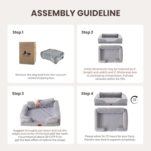 Orthopedic Dog Beds for Large Sized Dogs, Waterproof Egg-Crate Foam Pet Couch Bed with Soft Side, Non-Slip Dog Sofa with Flannel Removable Washable Cover, 35"L Supportive Pet Sofa, Light Grey