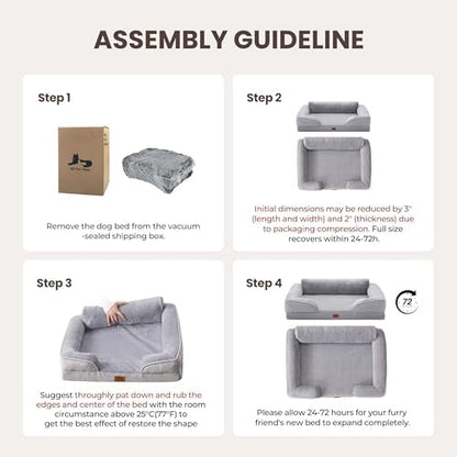 Orthopedic Dog Beds for Large Sized Dogs, Waterproof Egg-Crate Foam Pet Couch Bed with Soft Side, Non-Slip Dog Sofa with Flannel Removable Washable Cover, 35"L Supportive Pet Sofa, Light Grey