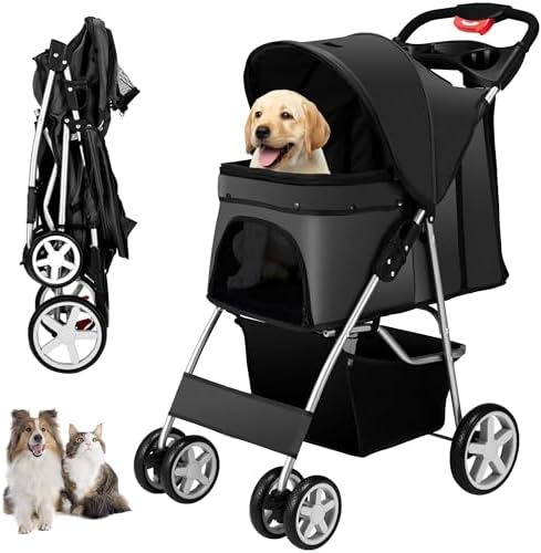 Unisakey Foldable 4-Wheel Pet Stroller for Dogs Cats 10-33lbs, Black