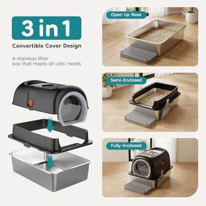 OLIXIS Stainless Steel Enclosed Litter Box with Lid, High Sided