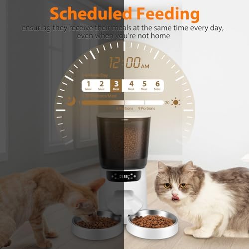Automatic Cat Feeders for Two Cats, 5L/20 Cups Double Automatic Cat Food Dispenser with 2 Stainless Bowls, Timer Setting 20 Portions 6 Meals Per Day, 10s Meal Call (White)