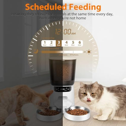 Automatic Cat Feeders for Two Cats, 5L/20 Cups Double Automatic Cat Food Dispenser with 2 Stainless Bowls, Timer Setting 20 Portions 6 Meals Per Day, 10s Meal Call (White)