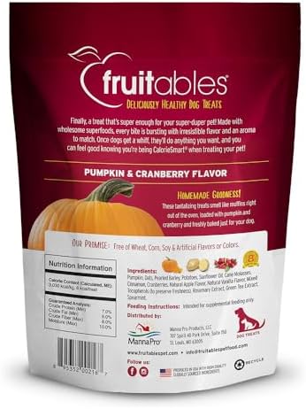 Fruitables Baked Dog Treats, Healthy Pumpkin Snacks for Dogs, Low Calorie & Delicious, No Wheat, Corn or Soy, Puppy Training Treats, Made in the USA, Pumpkin and Cranberry Flavor, 7oz (Pack of 2)