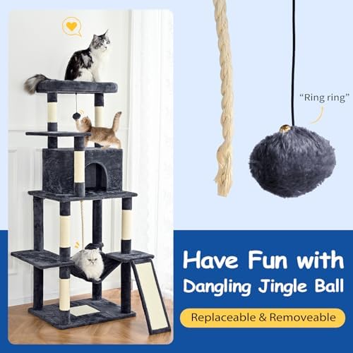 Cat Craft Cat Tree 63 Inch Cat Tower for Indoor Cats, Multi-Level Cat Tree for Large Cats 20 lbs+ Heavy Duty Cat Tower with Sisal Scratching Posts, Hammock, Condo and Extended Platform, Dark Grey