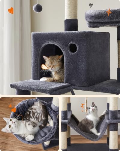 Feandrea Cat Tree, 81.1-Inch Large Cat Tower, Multi-Level Condo, Smoky Gray