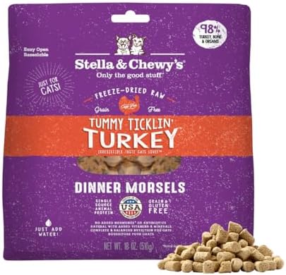 Stella & Chewy's Freeze-Dried Raw Cat Dinner Morsels - Premium Turkey Recipe with 98% Farm-Raised Meat & Organs - Natural Grain-Free Cat & Kitten Food - Made in USA - 18 oz