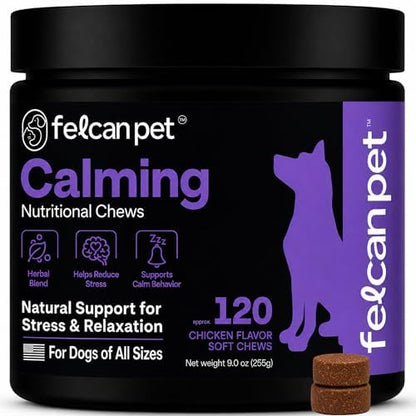 Calming Chews for Dogs – Natural Support for Dog Anxiety, Stress & Relaxation with L-Theanine, Chamomile & Melatonin – Chicken Flavor – 120 Soft Chews
