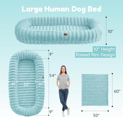 ChiXnuggle Orthopedic Human Dog Bed,Striped Faux Fur Washable Cover,Blanket