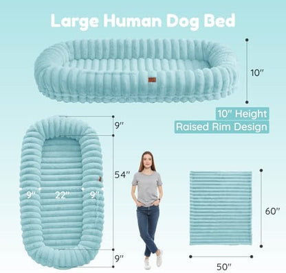 ChiXnuggle Orthopedic Human Dog Bed,Striped Faux Fur Washable Cover,Blanket