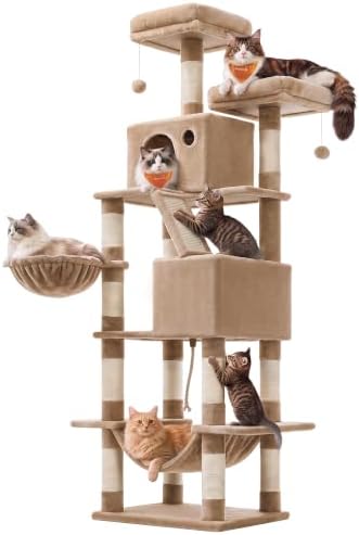 Feandrea Cat Tree, 81.1-in Large Cat Tower, Multi-Level Condo, Camel Brown