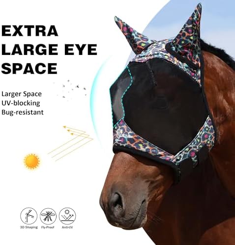 Harrison Howard Pro LumiVista Horse Half Face Fly Mask Large Eye Space with Ears UV Protection for Horse Iridescent Prints L