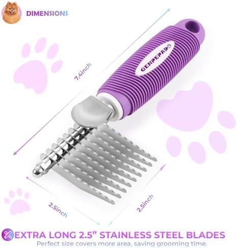 GENPEPADO Dematting Undercoat Rake Comb for Dogs & Cats with Long 2.5-In Stainless Steel Safety Blades for Removing Knots, Mats & Tangles - Pet Grooming Deshedding Brush Tool with Anti-Slip Grip