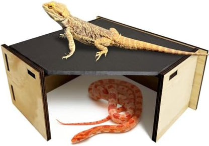 PINVNBY Large Bearded Dragon Basking Platform Wooden Snake Hide Ball Pythons Hide with Slate Rock Leopard Gecko Tank Accessories for Crested Gecko Chameleon(Triangle: 12.6 x 9.84 x 4.53 inches)