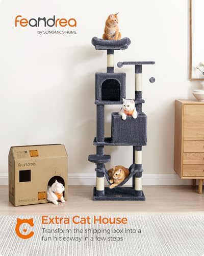 Feandrea Cat Tree, 59.5-Inch Tall Cat Tower, Multi-Level Condo, Smoky Gray