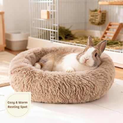 Rabbit Bed, Long Plush Donut Shaped Washable Bunny Hideout Soft Pet Bedding Mat for Guinea Pig, Kitten, Chihuahua & Small Pets for Snuggling Resting - Khaki
