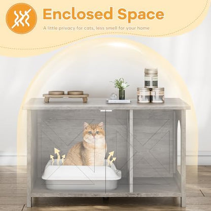Shintenchi Cat Litter Box Enclosure, Litter Box Furniture Cabinet Hidden with Removable Divider, Wooden Cat House with End Table, Grey, 31.5 inch