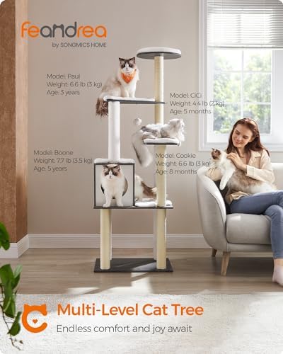 Feandrea Cat Tree, 65-Inch Multi-Level Tower with 5 Scratching Posts
