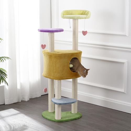 CTR1002A Aisling 51" 4-Tier Modern Sisal Heart Cat Tree with Scratching Posts, Napping Perch, and Dangling Toys, Multi