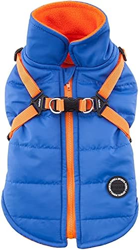 Puppia Mountaineer Winter Dog Coat with integrated harness No Pull Cold Weather Waterproof Warm Fleece Back Zipper for Small & Medium Dog, ROYAL BLUE, Small
