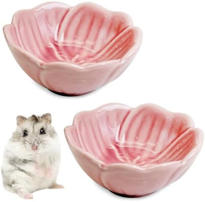 BNOSDM 2 Pcs Hamster Ceramic Food Bowl Flower Series Gerbil Drinking Bowls Anti-Turning Food & Water Dish for Dwarf Syrian Hamsters Gerbil Chinchilla（Pink, Narcissus Pattern）