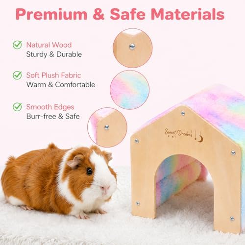 Guinea Pig Hideout House, Tie Dye Plush Small Animal Hideaway Shelter with Wooden Frame, Cozy Pet Bed for Guinea Pigs, Hamsters, Hedgehogs, Chinchillas, Rats and Small Pets