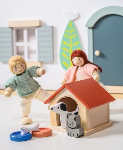 Mentari Toys - Dog & Cat Pet Set - 7pc Wooden Dollhouse Pet Accessories with Kennel, Dog, Cat, Bowls, Bone and Fish - Small World Play - Encourages Imaginative Play and Empathy Skills - Age 3+