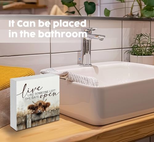 Highland Cow Farmhouse Wooden Box Sign - Farmhouse Western Animal Office Kitchen Bathroom Decor,Farm Live Like Someone Left The Gate Open,Highland Cow Gifts For Women