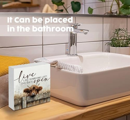 Highland Cow Farmhouse Wooden Box Sign - Farmhouse Western Animal Office Kitchen Bathroom Decor,Farm Live Like Someone Left The Gate Open,Highland Cow Gifts For Women