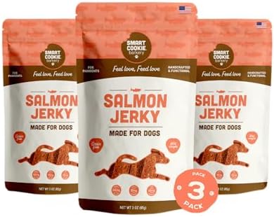 Smart Cookie Salmon Jerky Dog Treats - DHA, Omega Strips for Dogs & Puppies with Allergies, Sensitive Stomachs with Wild Caught Alaskan Salmon- Dehydrated, Grain Free, Made in USA - 3oz Bag, Pack of 3