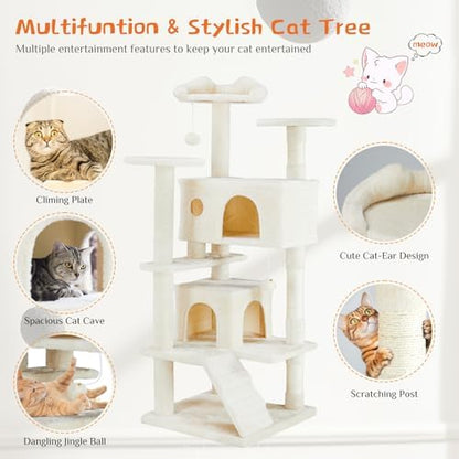 Sweetcrispy 54-Inch Cat Tree Tower – Multi-Level with Sisal Scratching Post, Perfect Pet Gift, Indoor Condo with Climbing Ladder, Plush Toy, and More Animal Stuff, Beige