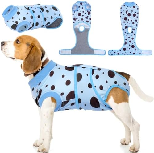 Kuoser Dog Surgery Suit, Soft Dog Spay Recovery Suit Female, Anti Licking Neuter Recovery Suit for Male Dogs, Post-Op Pet Surgical Suit Protective Wear E-Collar & Cone Alternative,Blue Polka Dots L