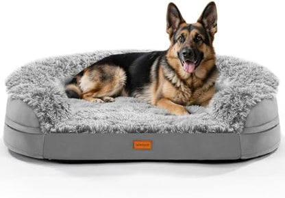 iweepet Fluffy Calming Jumbo Orthopedic Dog Beds for Extra Large Dogs, Supportive Dog Sofa Bed with 3.7 inch 28D Egg-Crate Foam, Removable Washable Plush Cover, Waterproof Lining, 48’’,Grey