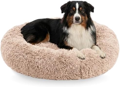 Active Pets Premium Large Donut Dog Bed, Fits Up to 100 lbs, Machine Washable Cushion, Plush Long Pile Faux Fur Fabric, Portable Beige Pet Bed Furniture for Puppies Adult Canines & Cats