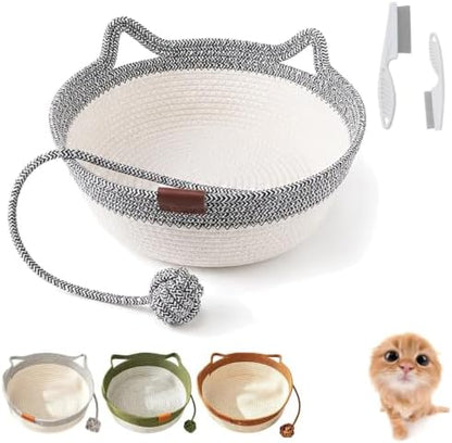 Instinct Basket for Cats, Handwoven Cotton Rope Cat Basket Bed with Toy Ball and Cat Ear Handles, Scratchable Breathable Round Woven Cat Basket for Indoor Cats (Medium,Gray White Basic)