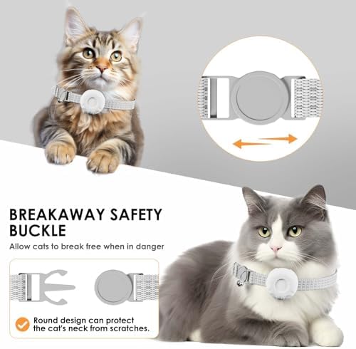 Smart Cat GPS Tracker, Cat Tracker Collar with Safety Elastic Buckle, Compatible with Apple Find My App (Only iOS), No Monthly Fee, Waterproof (White Tracker, White Cat Collar)