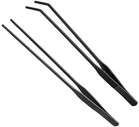 2PCS Aquarium Tweezers Stainless Steel Straight and Curved Tweezers Set Long Handle Reptile Feeding Tongs for Aquatic Plants Lizards Spider Snakes Garden Repairing - 10.6inch, Black