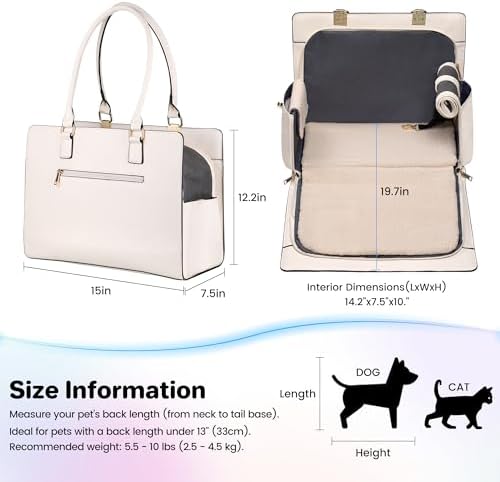 Dog Purse Carrier for Small Dogs, Stylish Foldable Pet Carrier Purse Tote Bag with Washable Cushion & Safety Leash, Airline Approved Puppy Travel Bag with Pockets (White)