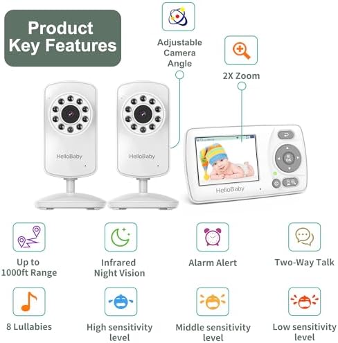 HelloBaby Monitor with 2 Cameras, 2.4'' Portable Travel Screen Baby Monitor No WiFi, 1000ft Long Range Video Baby Monitor, Night Vision, VOX Mode-Power Saving, Baby Safety Camera,for Baby/Pet/Elder