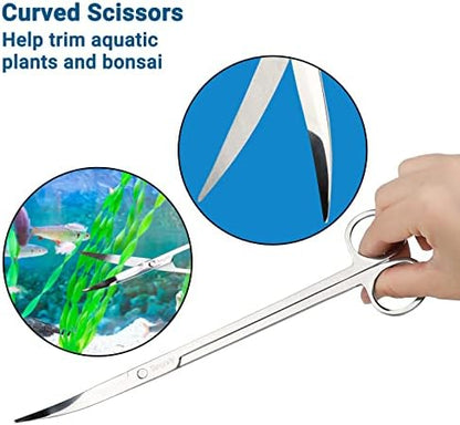 Segarty Aquarium Aquascaping Tools, 6 in 1 Stainless Steel Silver Aquascaping Tools Kit for Aquatic Plant Fish Tank, Long Scrapers Spatula Feeding Tweezers Curved Straight Scissors Aquarium Tools