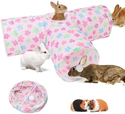 BWOGUE Bunny Tunnels & Tubes, 3-Way Collapsible Rabbit Hideout for Bunnies