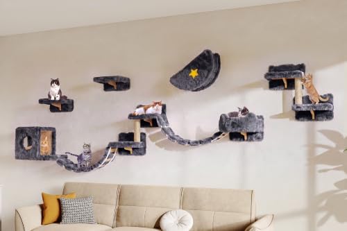 13-in-1 Cat Wall Shelves, Moon & Bridge Cat Wall Furniture, Grey