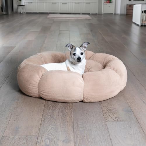 Sherry Kline Pets “Daisy Round” Donut Shape Calming Bed for Dogs and Cats, from Soft Faux Fur, Available in 4 Sizes, Machine Washable