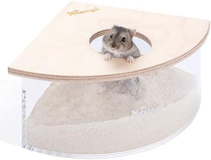 Niteangel Animal Sand-Bath Box: - Acrylic Critter's Sand Bath Shower Room & Digging Sand Container for Hamsters Mice Lemming Gerbils or Other Small Pets (Triangle, Birch-Wood)