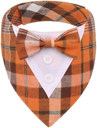 ADOGGYGO Fall Dog Tuxedo Collar, Orange Plaid Dog Thanksgiving Outfit, S