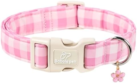 Girl Dog Collar Pink Gingham Dog Collars for Small Dogs - Lightweight Adjustable Spring/Summer Plaid Male Female Dogs Everyday Collar with Safety Buckle S